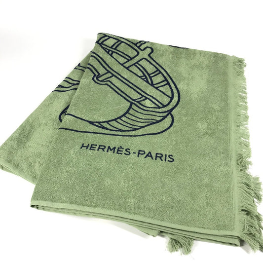 HERMES DRAP DE PLAGE YACHTING THALASSA ヨッティング プラージュ テレサ バスタオル インテリア ひざかけ ブランケット フリンジ タオル コットン ユニセックス グリーン