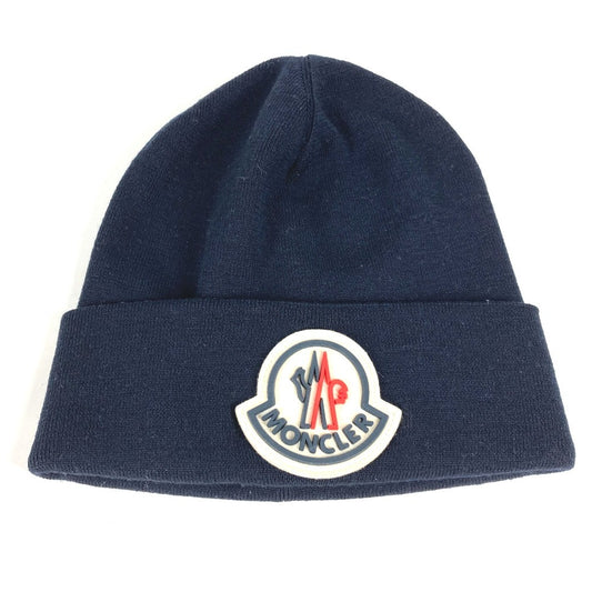 MONCLER Rubber Patch Logo Big BERRETTO TRICOT HAT beanie hat knit hat knit cap Knit hat wool Navy Used