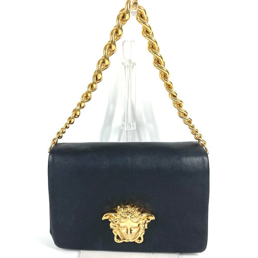 VERSACE โลโก้ เมดูซ่า ขนาดใหญ่ แบบนูน กระเป๋าถือ กระเป๋าสะพายข้าง แบบมีฝาปิด โซ่ หนัง สำหรับผู้หญิง สีดำ