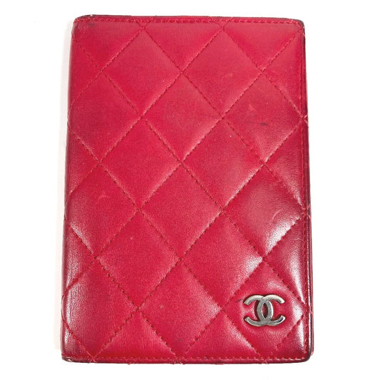 CHANEL CC Coco Mark Logo Matelasse Quilted Bifold Passport Case Cover, Lambskin, Unisex, Red