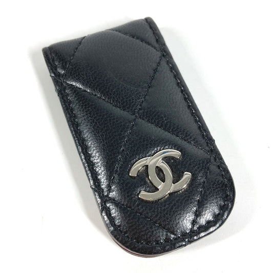 CHANEL Matelasse Quilted CC Coco Mark Logo Wallet with Money Clip, Lambskin, Unisex, Black