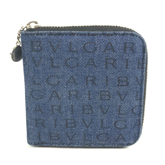 BVLGARI ロゴマニア 総柄 デニム ラウンドファスナー コンパクトウォレット 2つ折り財布 レザー/キャンバス ユニセックス ブルー