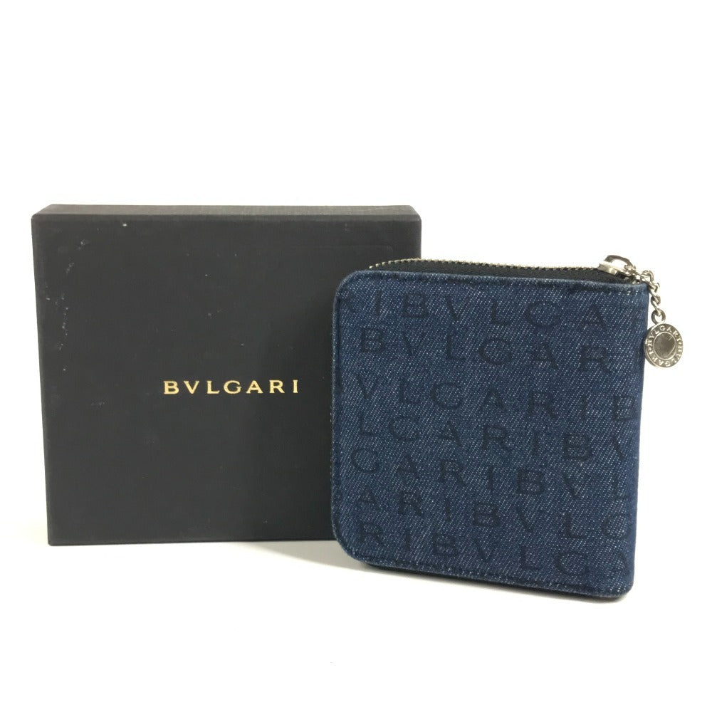 BVLGARI ロゴマニア 総柄 デニム ラウンドファスナー コンパクトウォレット 2つ折り財布 レザー/キャンバス ユニセックス ブルー