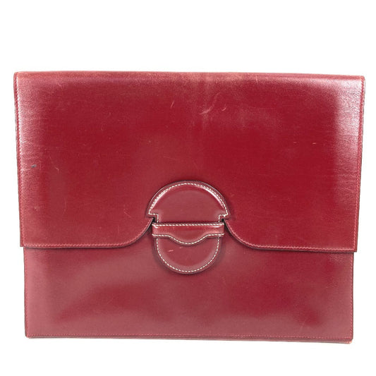 HERMES Vintage Bag Pouch Flap Clutch Bag Leather Unisex Wine Red