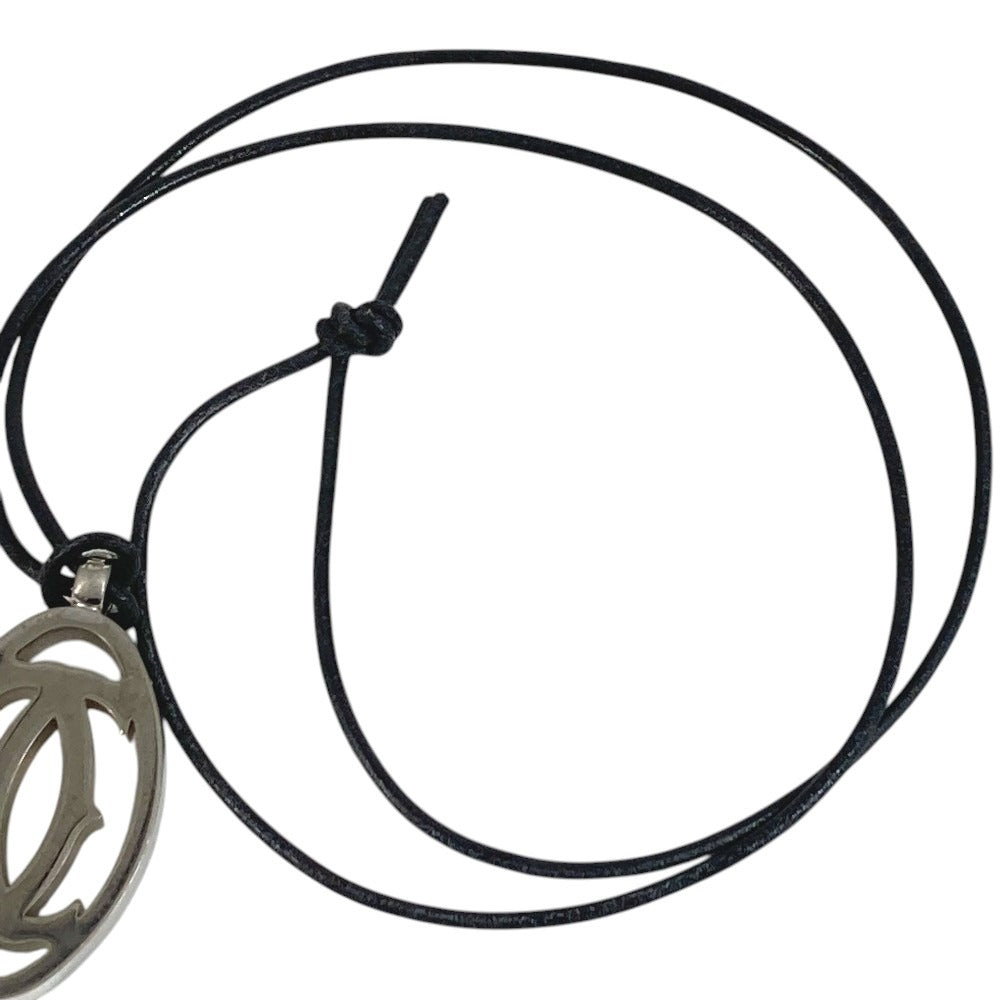 CARTIER T1220157 2C Decor Rhodium Finish Necklace Choker Leather Cord Accessory Pendant Top Metal Unisex Silver
