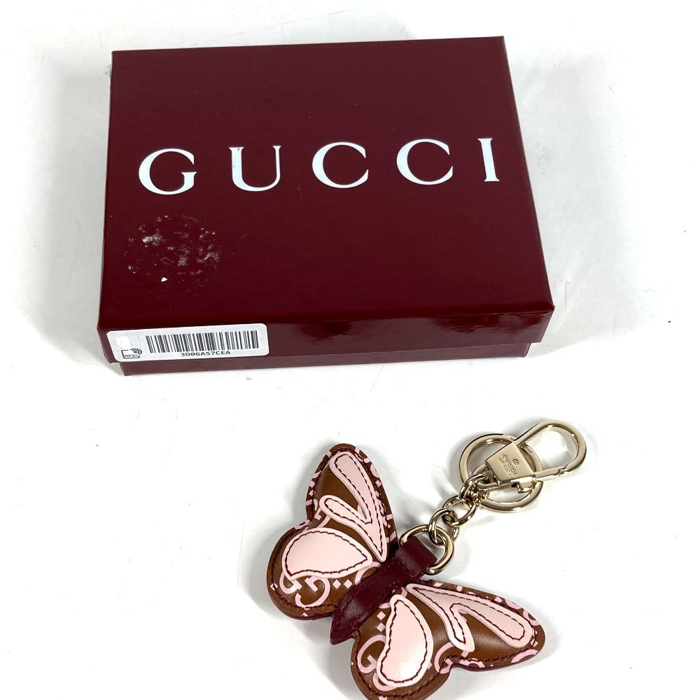 GUCCI 837346 GGエンブレム バタフライ 蝶 シェイプ バッグ チャーム バッグチャーム キーホルダー レザー ユニセックス ピンク