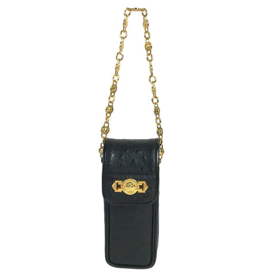 VERSACE vintage Sunburst Logo Mobile Phone Pouch Flap Chain Bag Hand Bag Embossed Leather Black Used