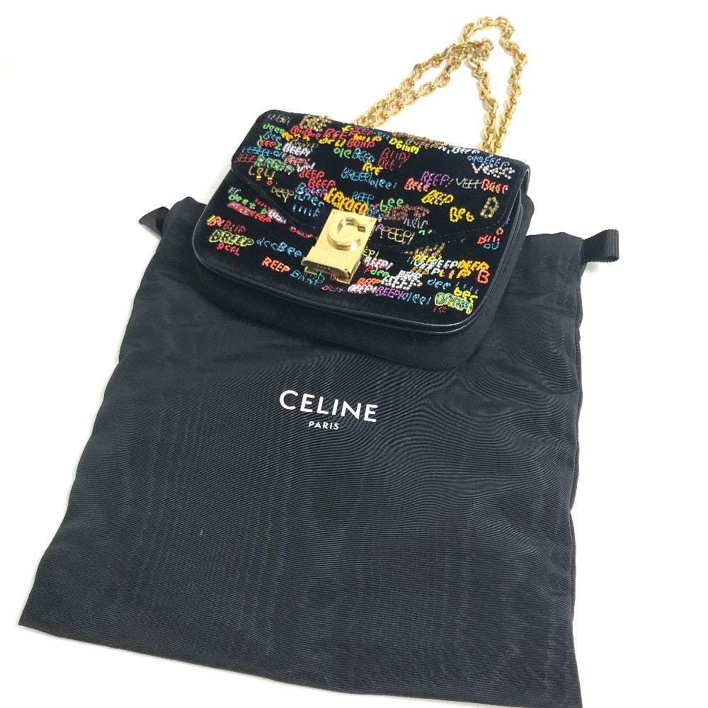 CELINE スモールC マルチビーズ カバン チェーンバッグ ショルダーバッグ スエード レディース ブラック×マルチカラー