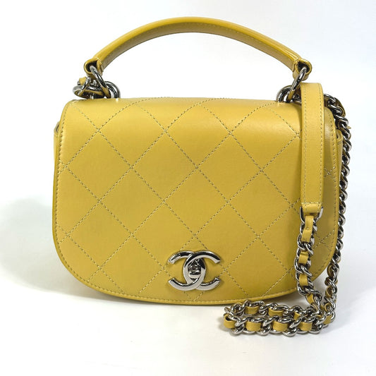 CHANEL CC ココマーク ステッチ マトラッセ チェーン 2WAY ハンドバッグ 斜め掛け ショルダーバッグ カーフスキン レディース イエロー系
