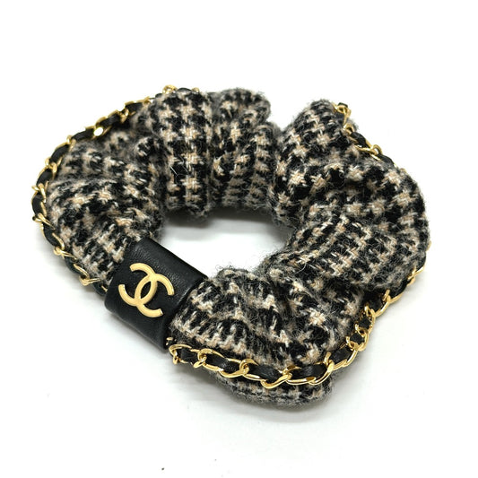 CHANEL Coco Mark Houndstooth Hair Accessory Chain A22K Hair Tie Scrunchie Cotton Women's Beige