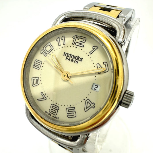 HERMES PU2.220 Pullman Quartz Date Watch, Stainless Steel/GP, Women's, Silver/Gold