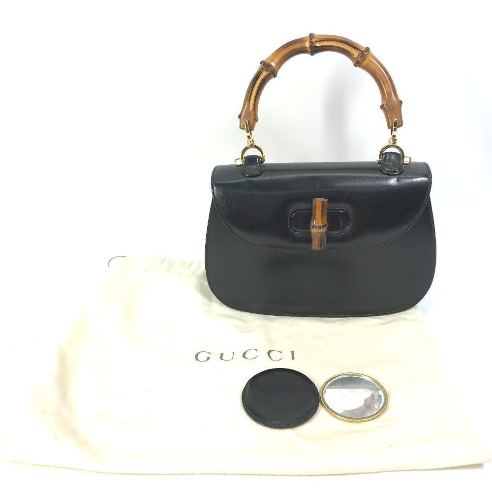 GUCCI 000 1951 Turnlock Old Gucci Bamboo Top Handle Handbag in Black Leather