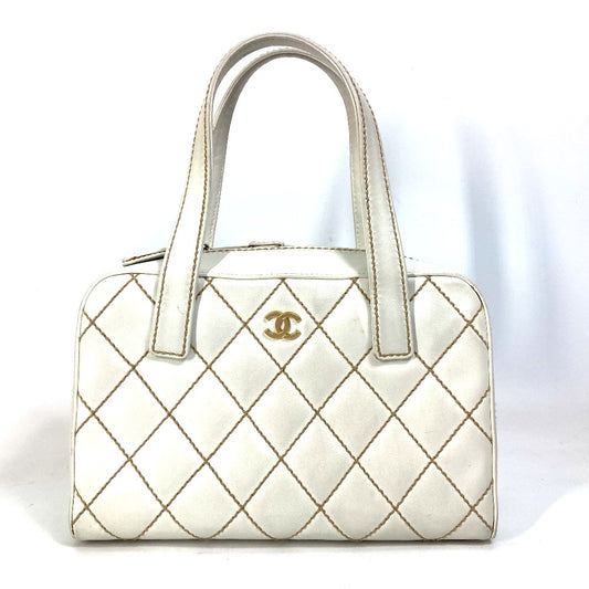 CHANEL CC Coco Mark Wild Stitch Vintage Mini Boston Bag Shoulder Bag Handbag Leather Women's White