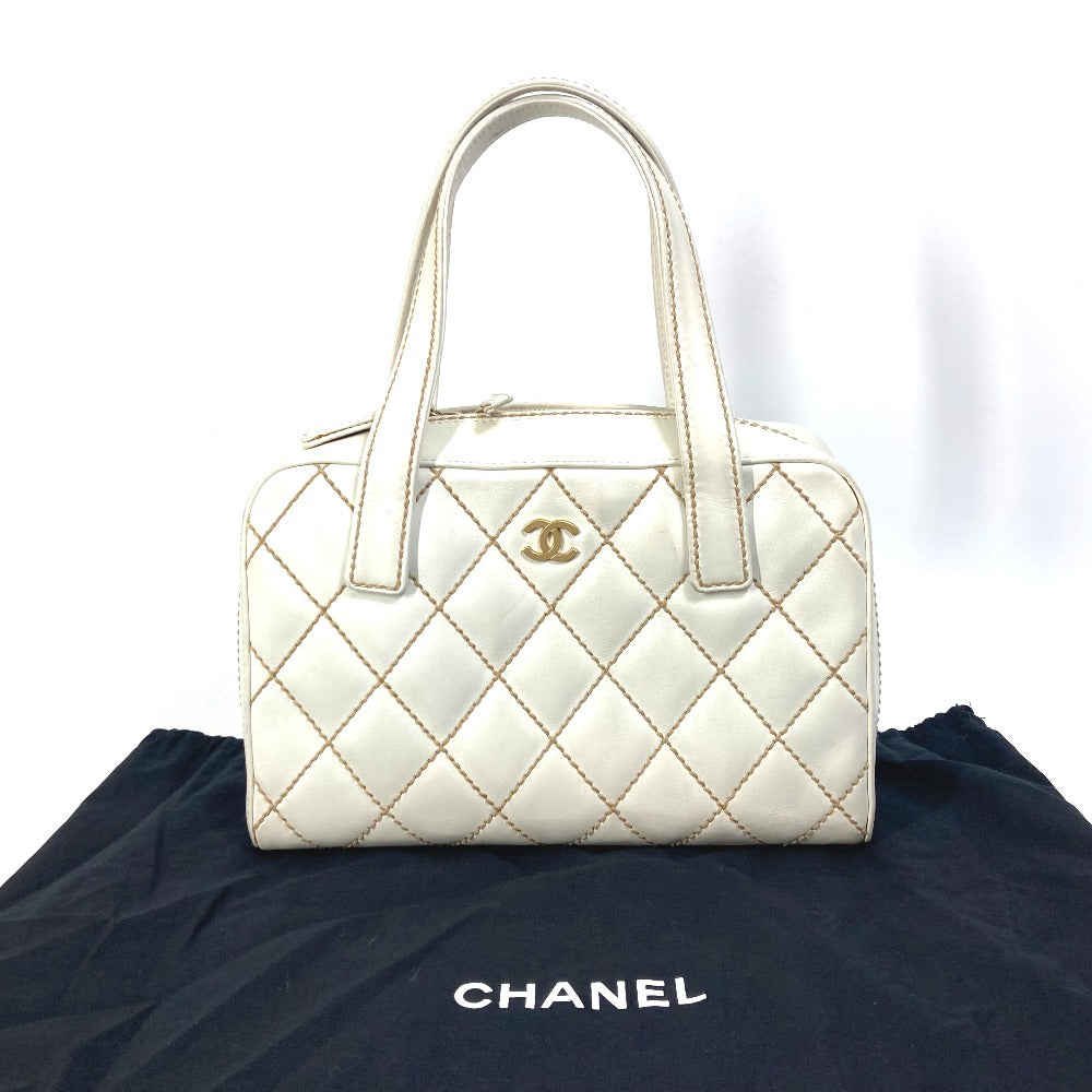 CHANEL CC Coco Mark Wild Stitch Vintage Mini Boston Bag Shoulder Bag Handbag Leather Women's White