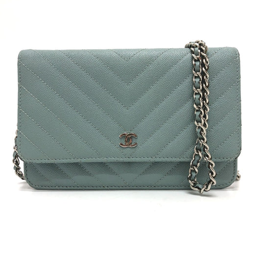 CHANEL 長財布 カバン 斜め掛け Vステッチ ココマーク CC チェーンウォレット ショルダーバッグ キャビアスキン レディース ブルー