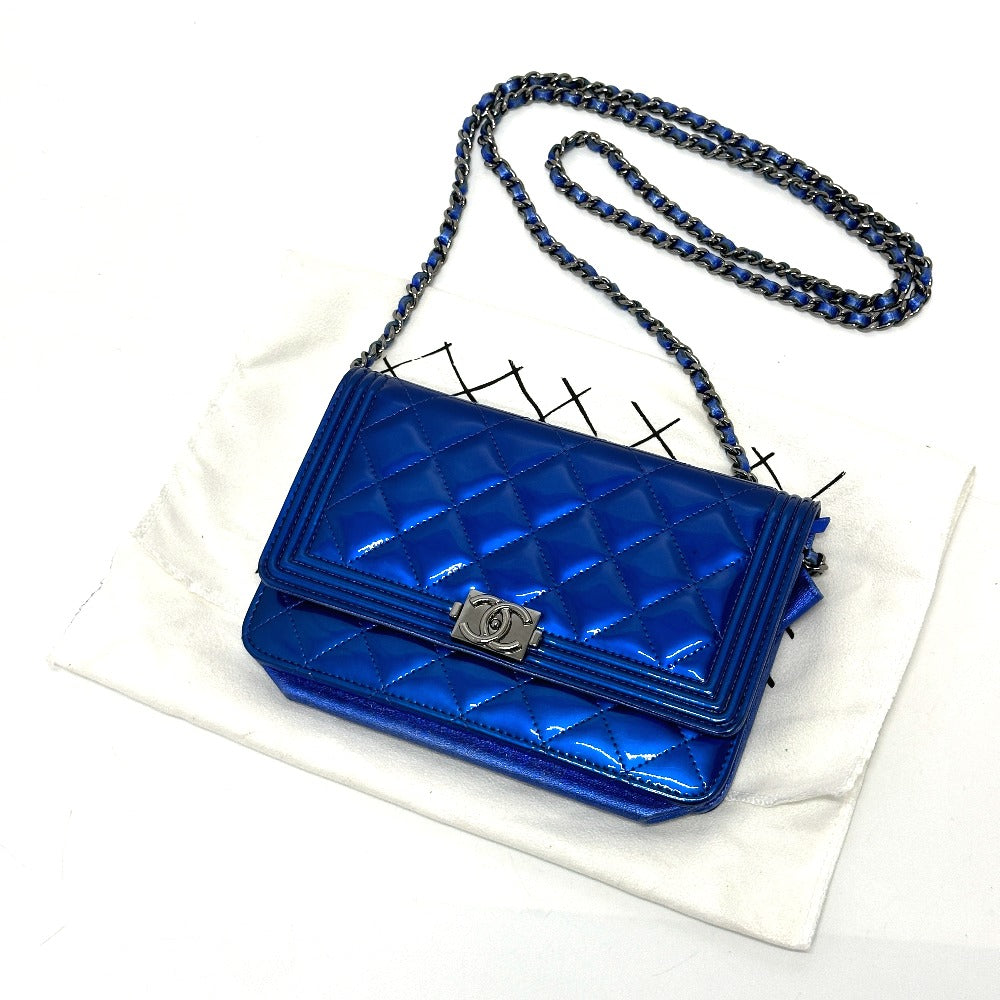 CHANEL Boy Chanel CC Coco Mark Chain Wallet Shoulder Bag in Gunmetal Blue Patent Leather