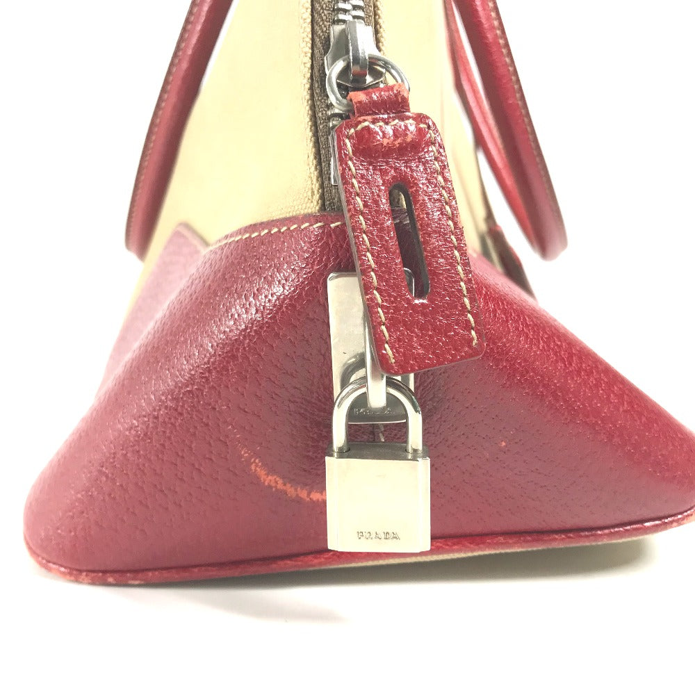 PRADA BN0081 Two-Tone Triangle Logo Plaque Handbag/Tote/Shoulder Bag in Leather/Canvas, Beige