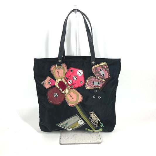 Prada Embroidered Flower and Metal Hardware Shoulder Bag, Handbag, Tote Bag, Nylon, Women's, Black