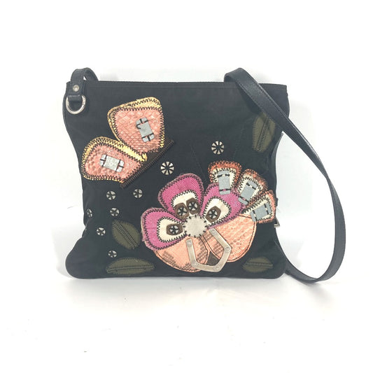PRADA Logo Embroidered Crossbody Pochette Shoulder Bag in Nylon/Leather, Black