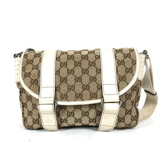 GUCCI 145858 GG Flap Shoulder Bag in GG Canvas/Leather, Unisex, Beige