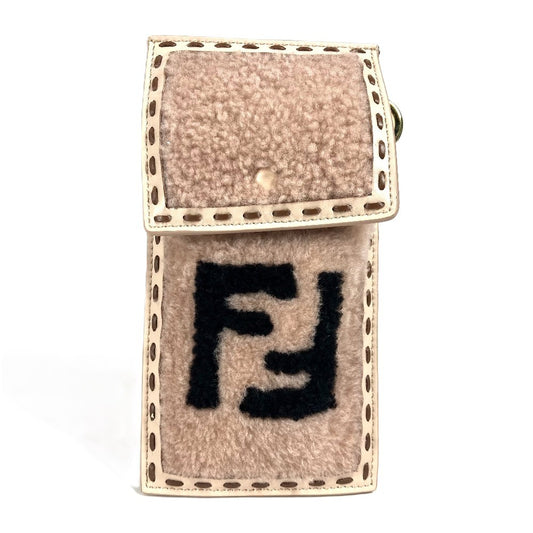 FENDI 7AS047 Smartphone Case/Phone Pouch/Bag with FF Logo and Fur Charm, Beige