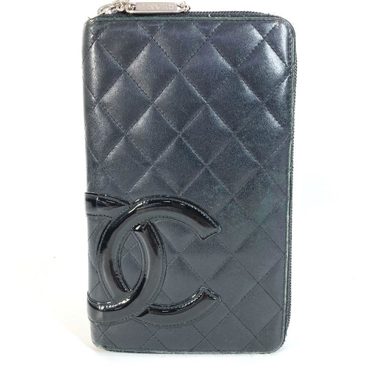 CHANEL A26710 Cambon Line Travel Case CC Coco Mark Round Zip Long Wallet Leather Women's Black