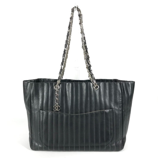 CHANEL CC Coco Mark Logo Stripe Double Chain Shoulder Tote Bag Leather Women's Black