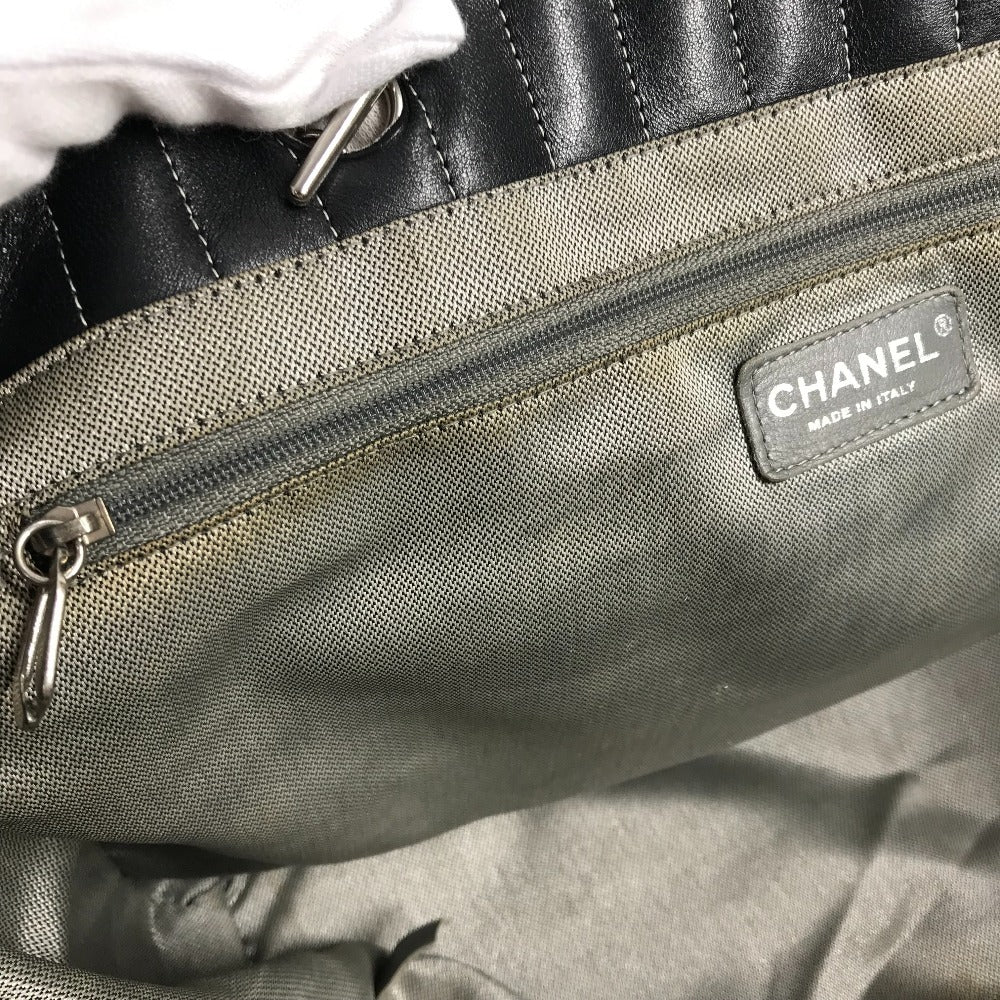 CHANEL CC Coco Mark Logo Stripe Double Chain Shoulder Tote Bag Leather Women's Black
