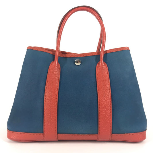 HERMES Garden Party TPM Handbag, Two-Tone Tote Bag, Leather/Canvas, Women's, Blue