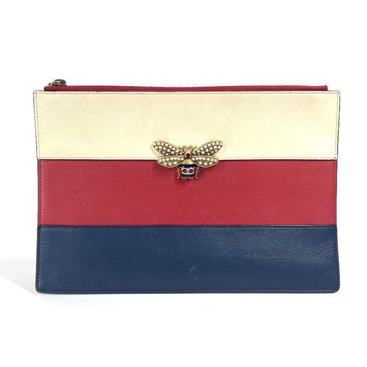 GUCCI 476077 BEE Border Pearl and Rhinestone Bag Pouch Clutch Bag Leather Unisex Red