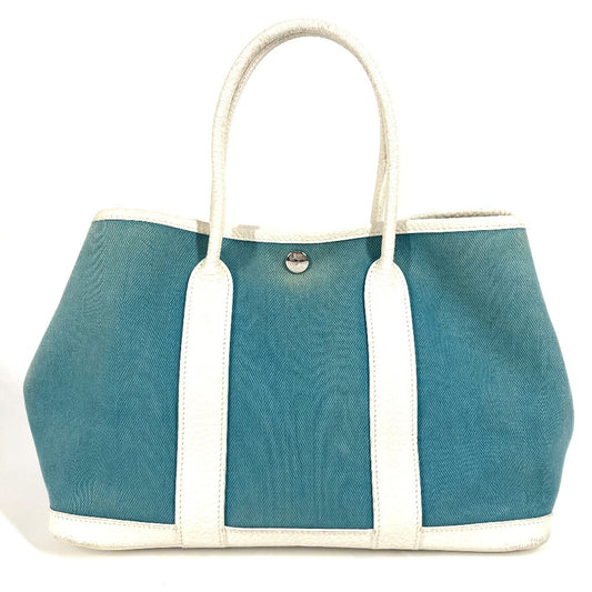 HERMES Garden Party TPM Toile Officier Leather Handbag/Tote Bag, Blue, Women's