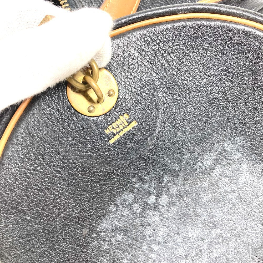 HERMES Vintage Art Deco Travel Bag, Handbag, Two-Tone Cylindrical Boston Bag, Ardennes, Unisex, Black