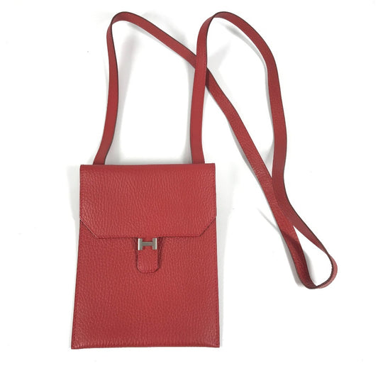 HERMES H Logo Amélie Pochette Shoulder Bag with Flap, Leather, Unisex, Red