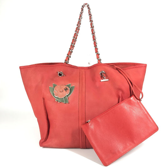 CHANEL Double Chain Bag with Pouch, CC Coco Mark Logo, Flower Tote Bag, Leather Shoulder Bag, Women's, Red