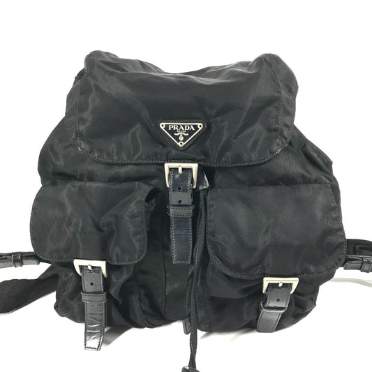 PRADA Triangle Logo Plaque Backpack Leather/Nylon Unisex Black