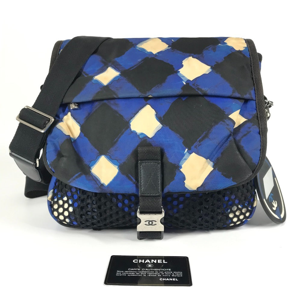 CHANEL エアライン チャーム付き CC ココマーク ロゴ 斜め掛け フラップ カバン メッセンジャーバッグ メッシュ ショルダーバッグ レザー/ナイロン ユニセックス ブルー
