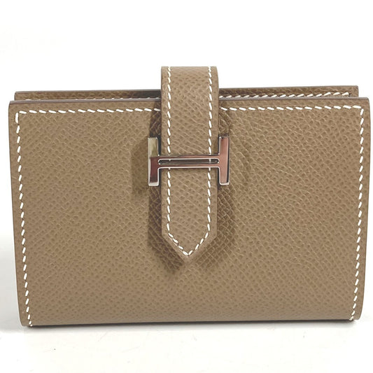 HERMES Bearn H Logo Business Card Case, Pass Case, Bifold Card Case, Leather, Unisex, Etoupe, Beige