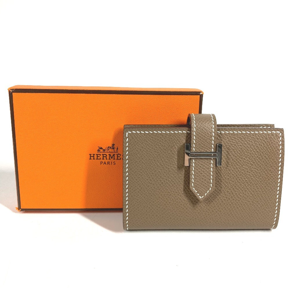 HERMES ベアン Hロゴ 名刺入れ パスケース 2つ折り カードケース レザー ユニセックス エトゥープ ベージュ系