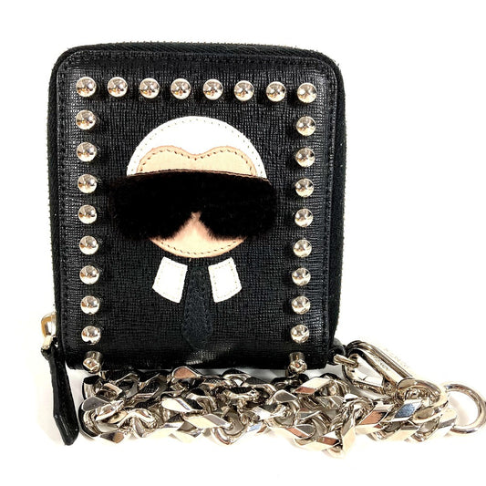 FENDI 7M0197 Karl Lagerfeld Round Zip Compact Wallet with Wallet Chain, Unisex, Black Leather