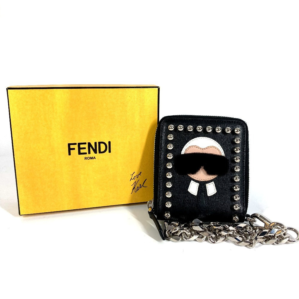 FENDI 7M0197 ウォレットチェーン付き カールラガーフェルド ラウンドファスナー コンパクトウォレット 2つ折り財布 レザー ユニセックス ブラック