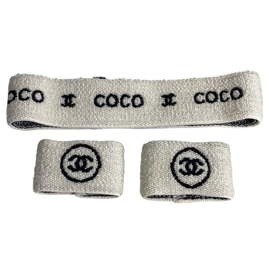 CHANEL Sports Logo Hairband & Wristband 3-Piece Set, Headband, Hair Accessory, Elastic Hairband, Unisex, White