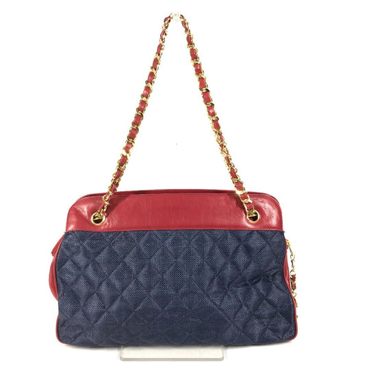 Vintage CHANEL Two-Tone CC Logo Coco Mark Charm Shoulder Bag with Double Chain, Leather Tote Bag, Women's, Blue