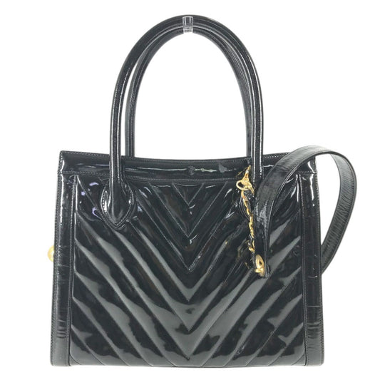 CHANEL ヴィンテージ Vステッチ 2WAYバッグ ココボール CC ココマーク ロゴ カバン 肩掛け ハンドバッグ トートバッグ ショルダーバッグ パテントレザー レディース ブラック
