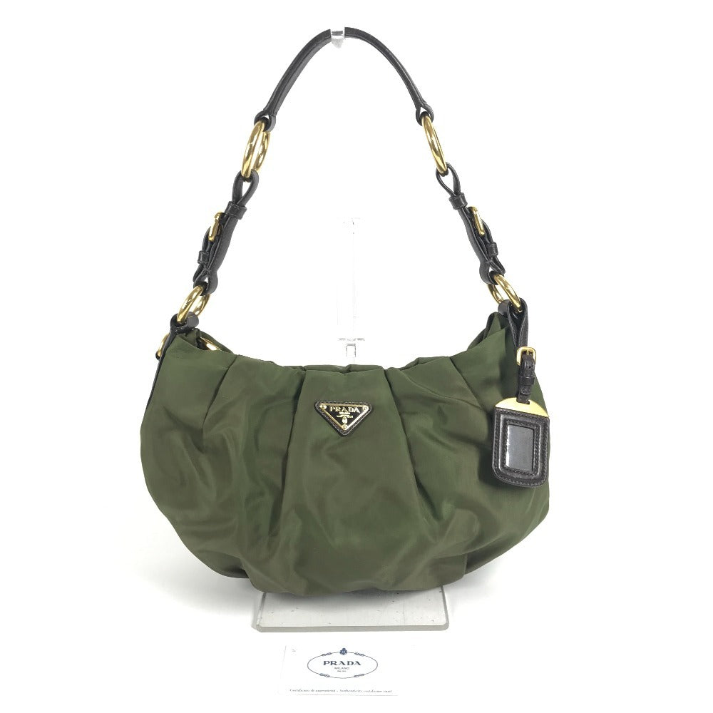 PRADA BR3795 Triangle Logo Plate Bag, Shoulder Bag, Leather/Nylon, Unisex, Khaki
