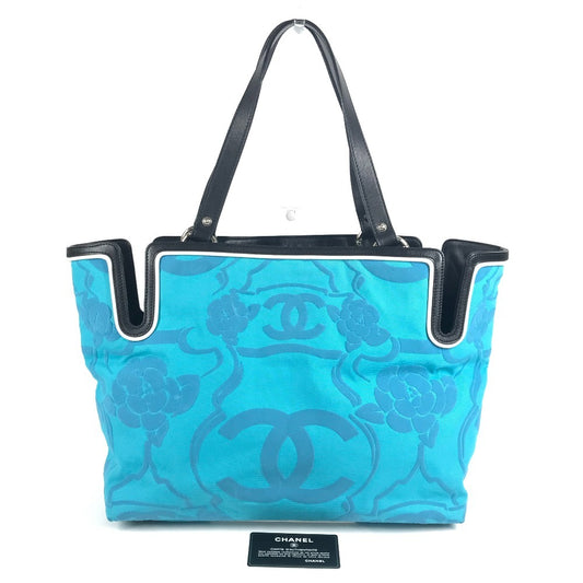 CHANEL ヴィンテージ ロゴ CC ココマーク カメリア カバン トートバッグ 肩掛け バイカラー ショルダーバッグ レザー/キャンバス レディース ブルー