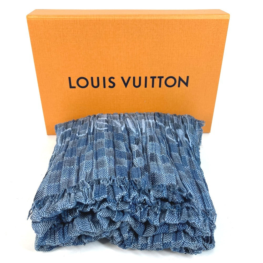 LOUIS VUITTON Logo Fringe Muffler Shawl Large Stole Cotton Unisex Blue