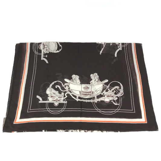 HERMES Monogram Shawl All-over print stole/shawl scarf with fringe shawl cotton / silk Brown Used