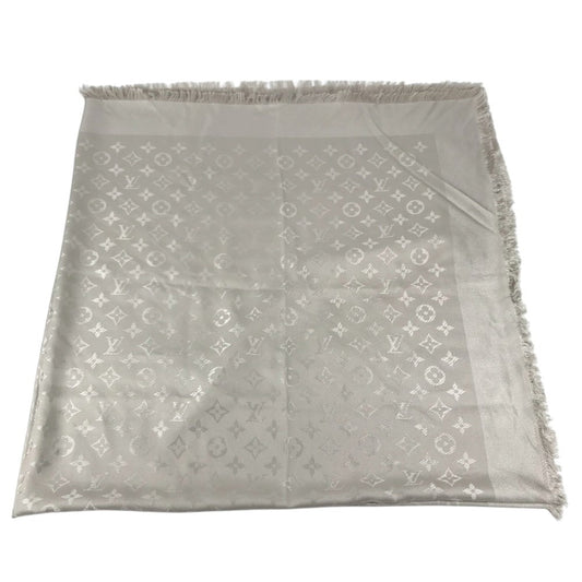 LOUIS VUITTON Monogram Shawl All-over print stole/shawl scarf with fringe shawl silk / wool Beige Used