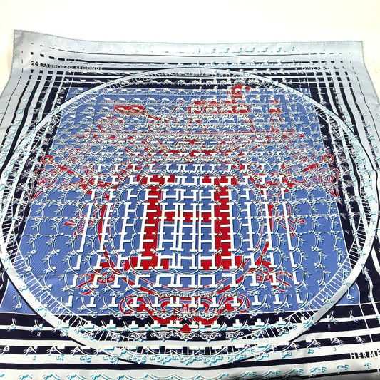 HERMES Carré 90 24 FAUBOURG SECONDE Ginza Store 10th Anniversary Silk Scarf Women's Blue