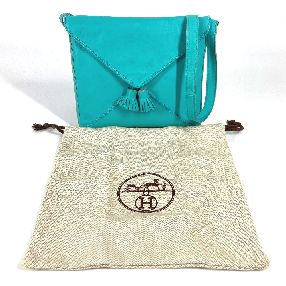 Hermes Tassel Fringe Sack Pom Pom Bag Crossbody Pochette Beg Beg Leather Ladies Turquoise Blue